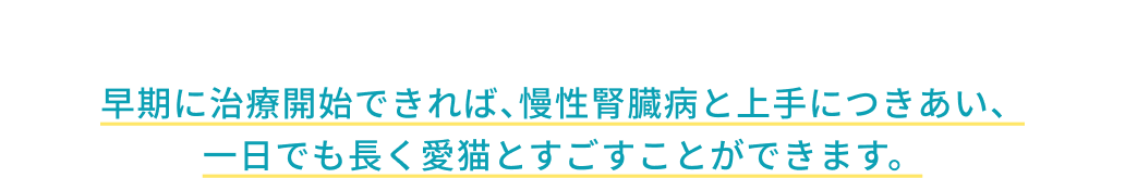 早期に治療開始できれば、慢性腎臓病と上手につきあい、一日でも長く愛猫とすごすことができます。＿猫の慢性腎臓病 